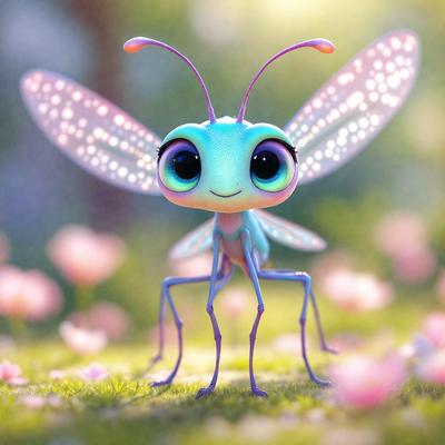 The primary subject of the image is a cartoon-like butterfly with a blue body and purple wings. It is standing on a grassy field with pink flowers surrounding it. The visual style of the image is digital art, and the colors and mood are bright and cheerful.